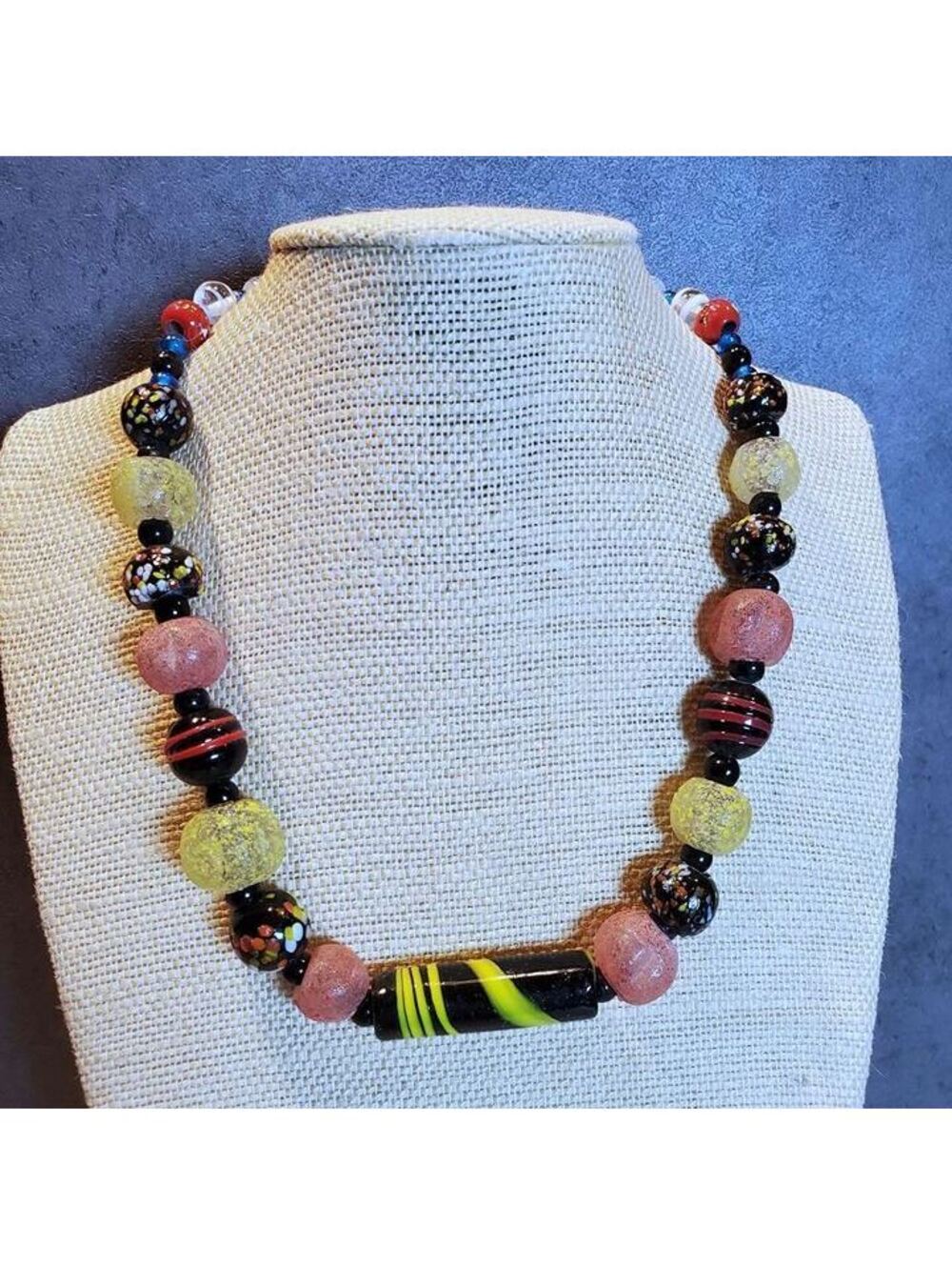 New Vintage 90s Y2K India Artisan Glass Beads Black Multi Necklace OOAK Style M